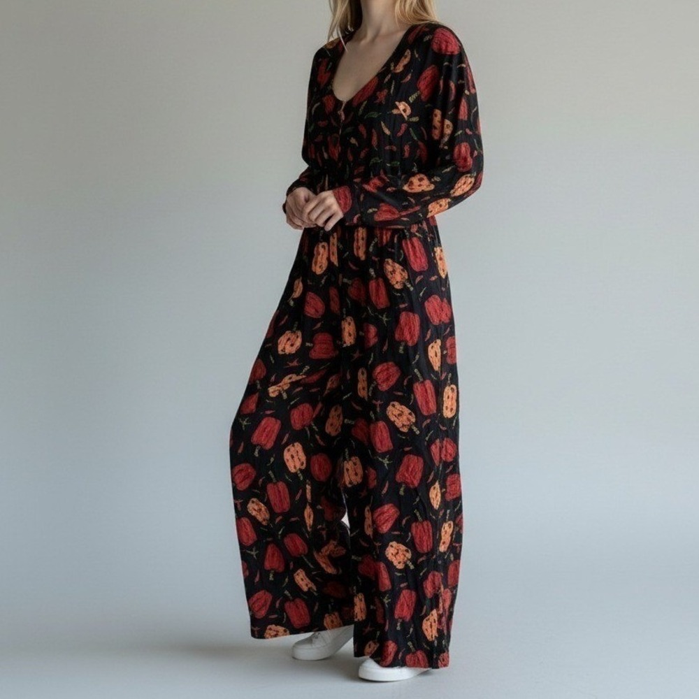 We-Be-Bop Women Jumpsuit 1X Black Red Chili Pepper Print Wide Leg Plus Size